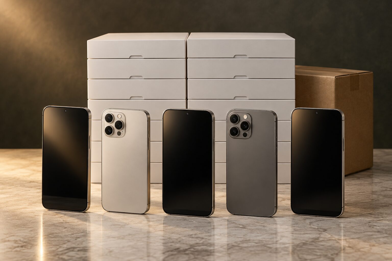スマートフォン本体と複数の商品箱を並べた卸売事業のイメージ